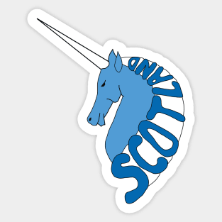 BLUE AND WHITE SCOTTISH UNICORN WITH SCOTLAND TEXT MANE Sticker